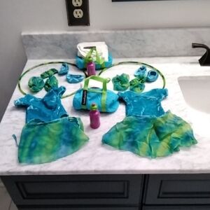 Retired Blue and Green doll dance outfits with matching kids outfits